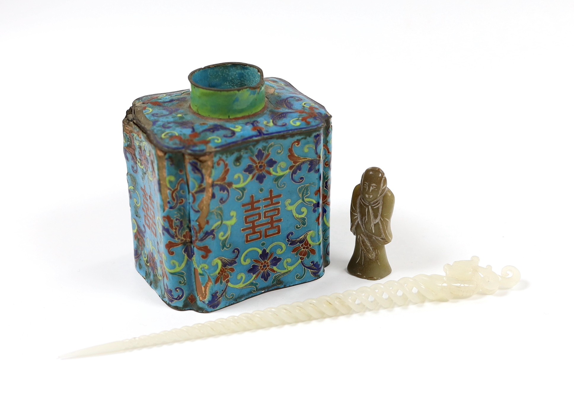 A Chinese blue enamel copper jar, 11cm tall, together with a jade hair pin and figure (3)